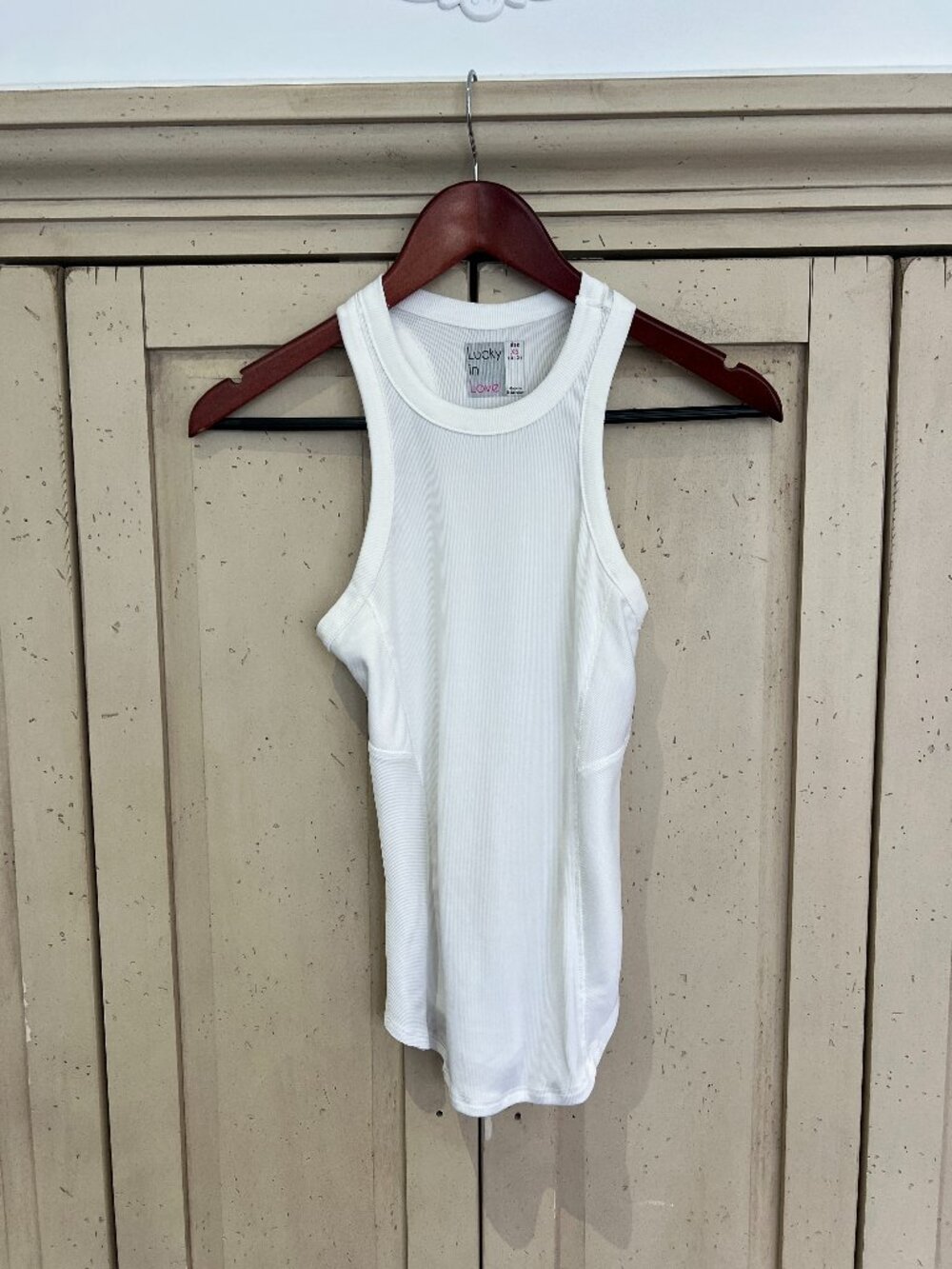 Lucky in Love One Love Rib Tank White Ribbed High Neck Racerback Tennis Tank XS